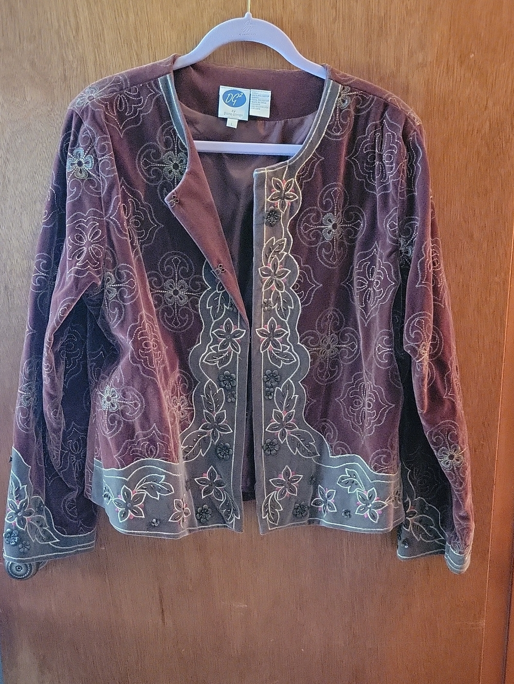 Elegant Floral Embroidered Velvet Jacket - Brown With Olive Green Accent